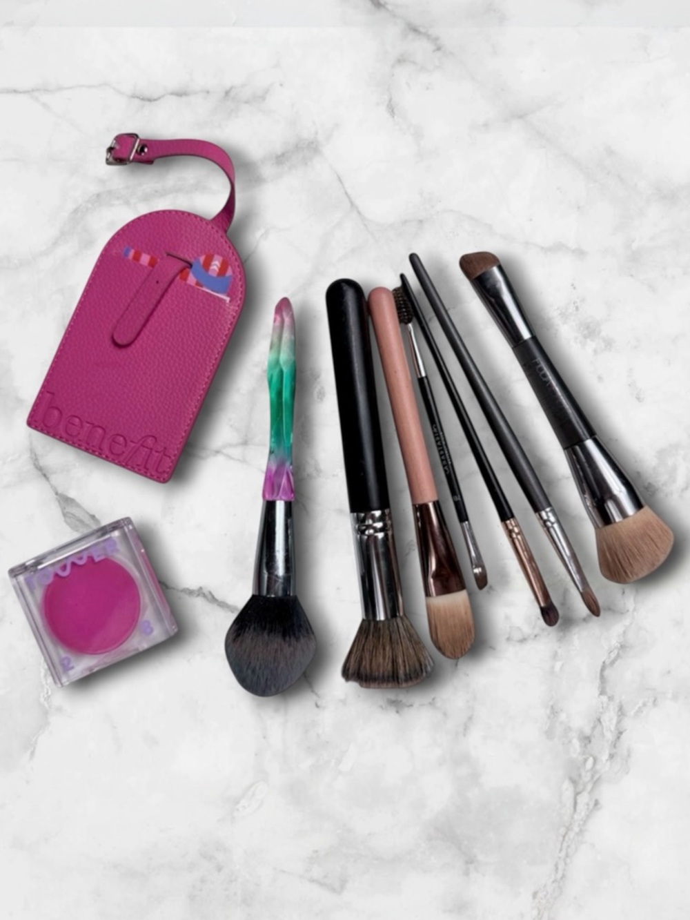 5 for $25 Benefit luggage tag, Tower 28 blush & variety of brushes beauty bundle